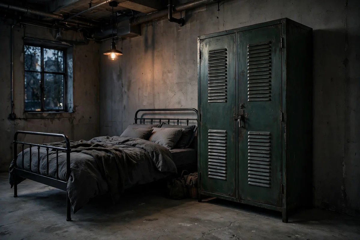 Vintage green metal locker used as a wardrobe in an industrial bedroom