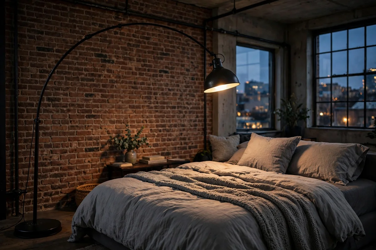 Black iron arc floor lamp curving over a bed in an industrial bedroom