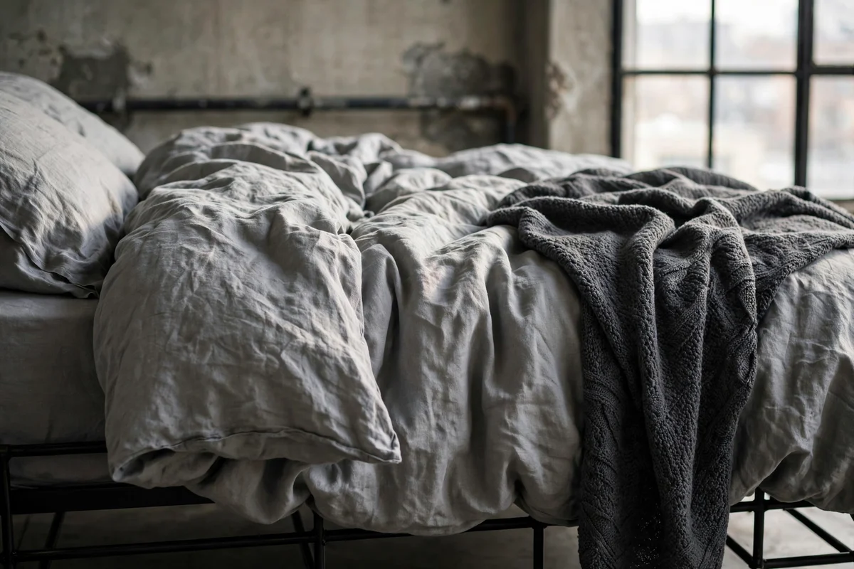 Rumpled gray washed linen bedding on a black metal bed
