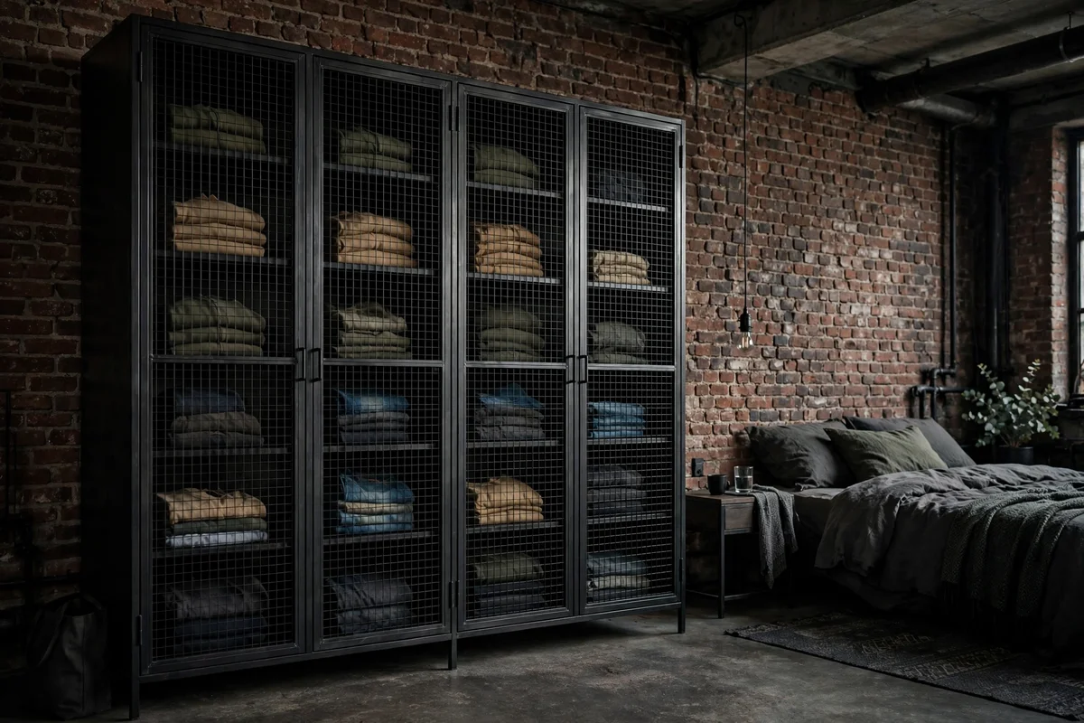 Black wire mesh cabinet doors on a wardrobe in an industrial bedroom
