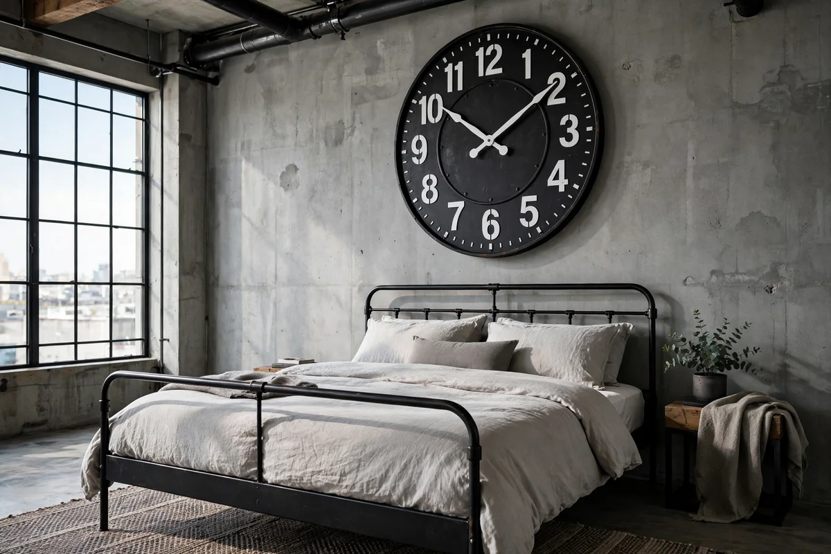 Oversized black metal factory clock on a concrete bedroom wall
