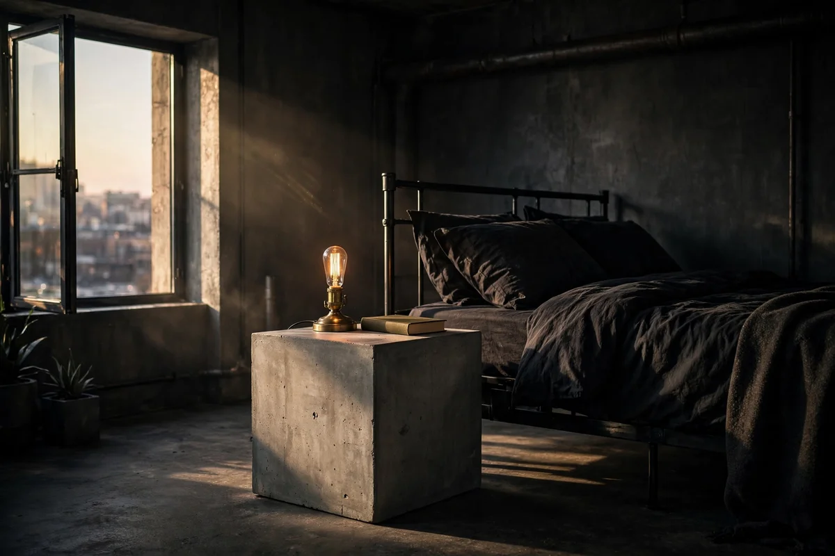Poured concrete cube nightstand beside a bed in an industrial bedroom