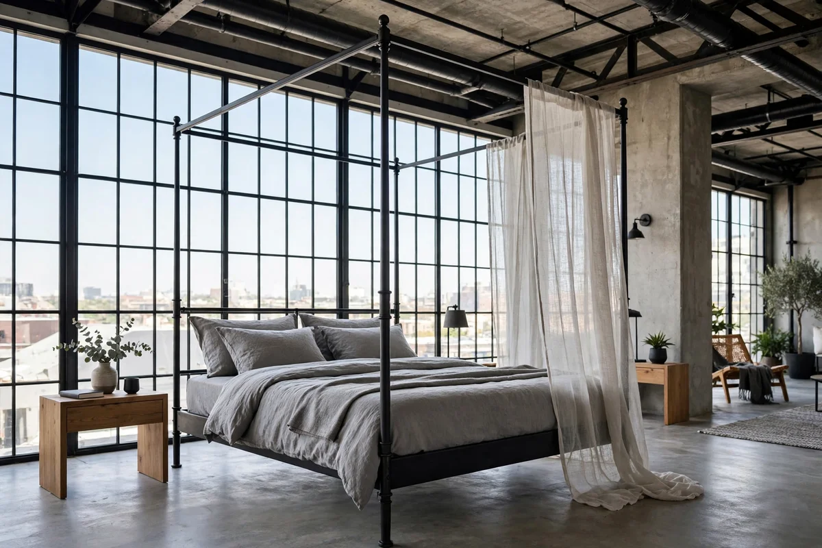 Black metal four-poster canopy bed in a spacious industrial bedroom