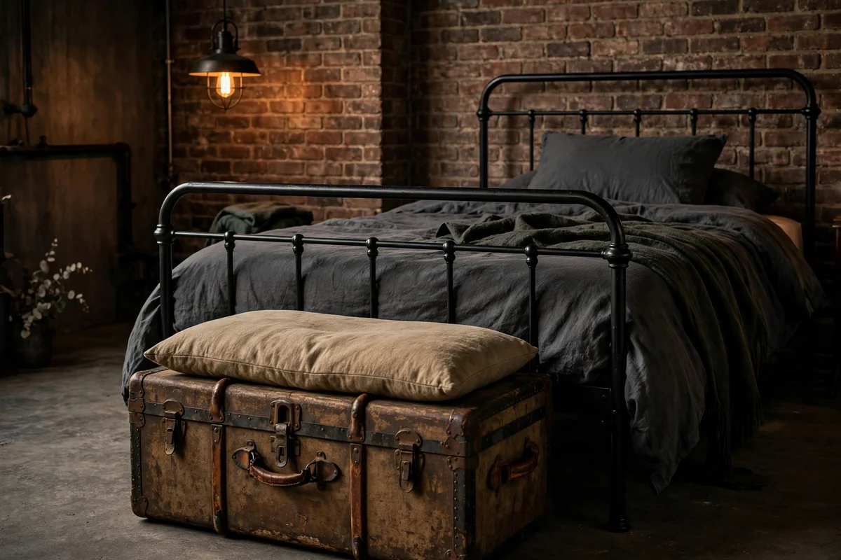 Weathered vintage steamer trunk with metal banding at the foot of a bed