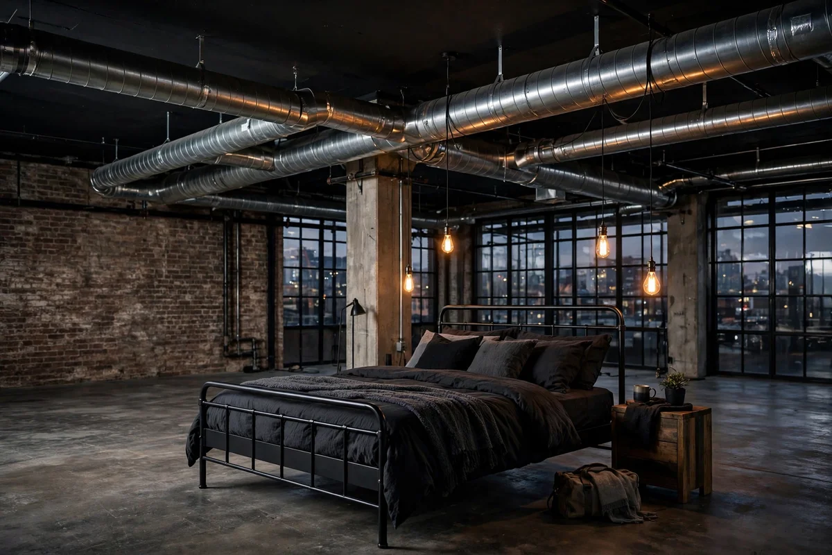 Exposed silver ductwork running across a dark industrial bedroom ceiling