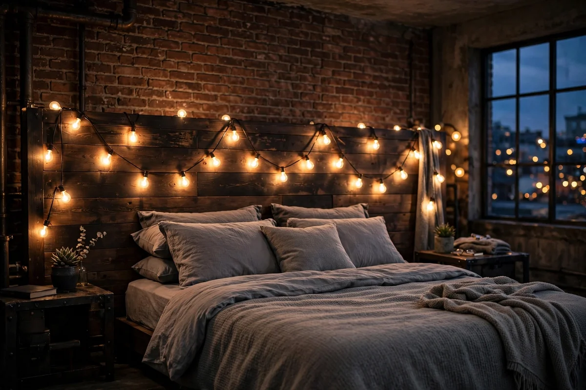 Warm Edison bulb string lights draped along a headboard in an industrial bedroom