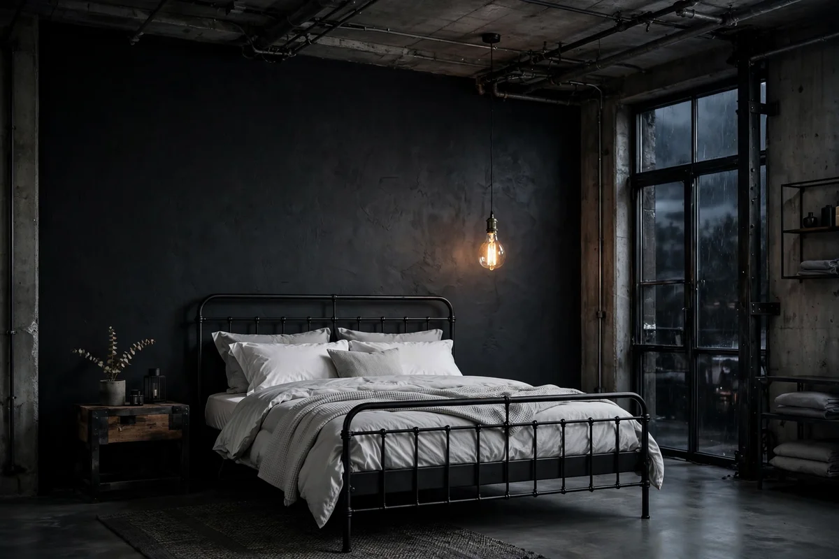Charcoal black accent wall behind a bed with light bedding in an industrial bedroom