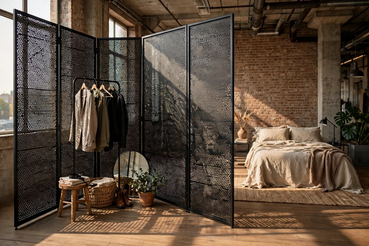 Perforated black metal room divider screening a dressing corner in an industrial bedroom