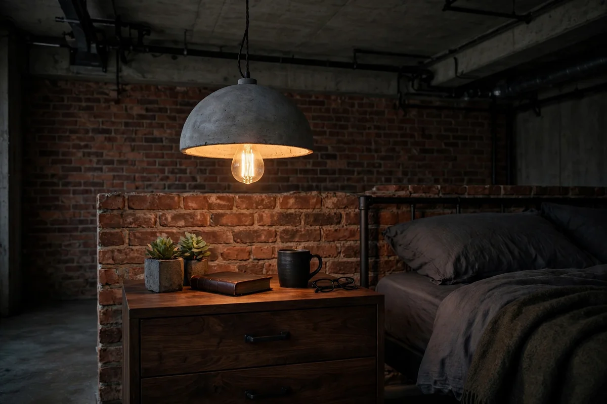 Gray concrete dome pendant light glowing over a nightstand in an industrial bedroom