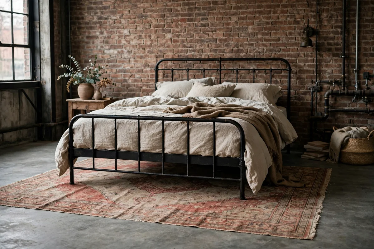 Faded Persian rug with warm red tones under a black metal bed in an industrial bedroom
