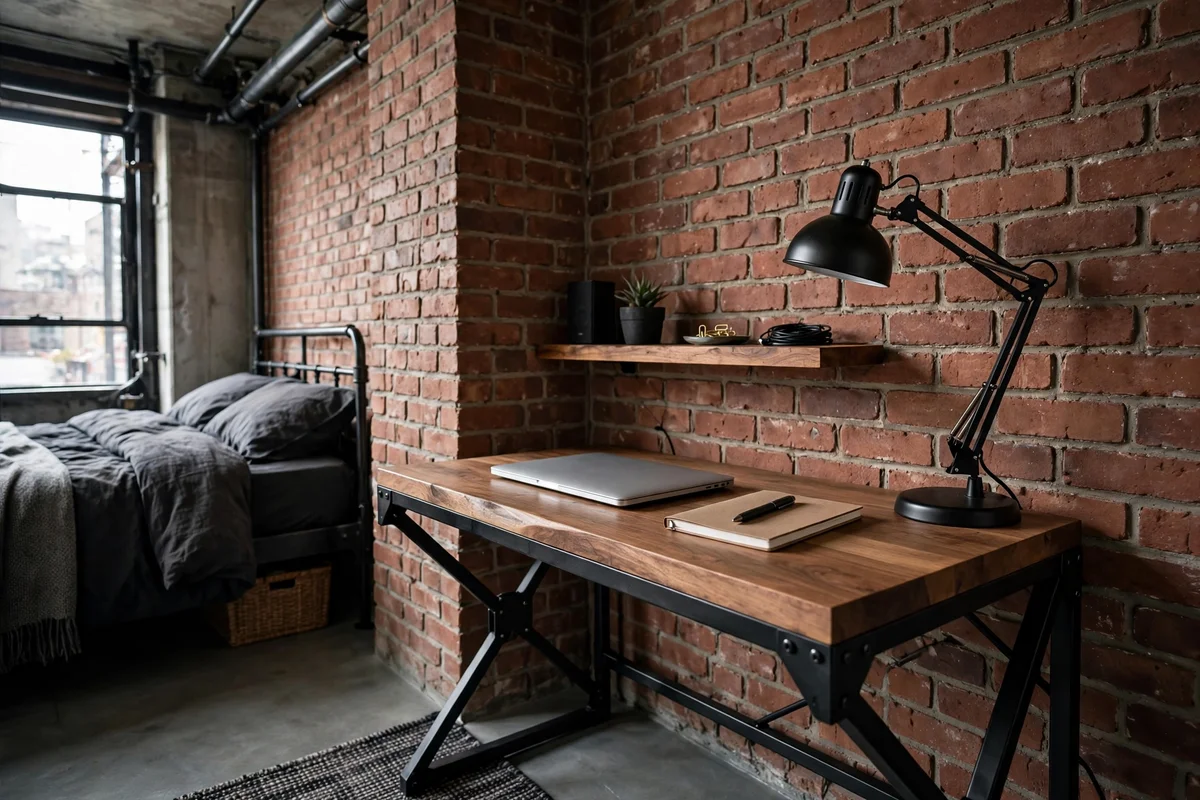 Black steel frame desk with wood top and metal task lamp in an industrial bedroom corner