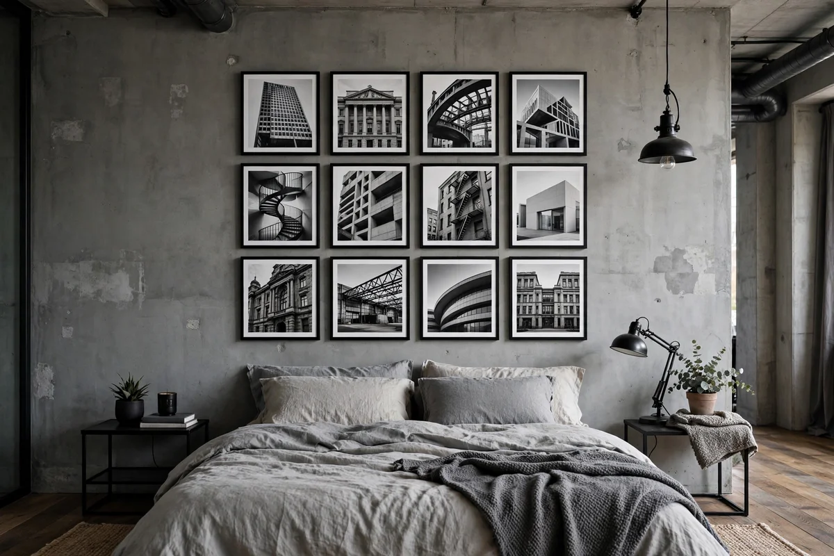Gallery wall of black and white photos in thin black metal frames in an industrial bedroom