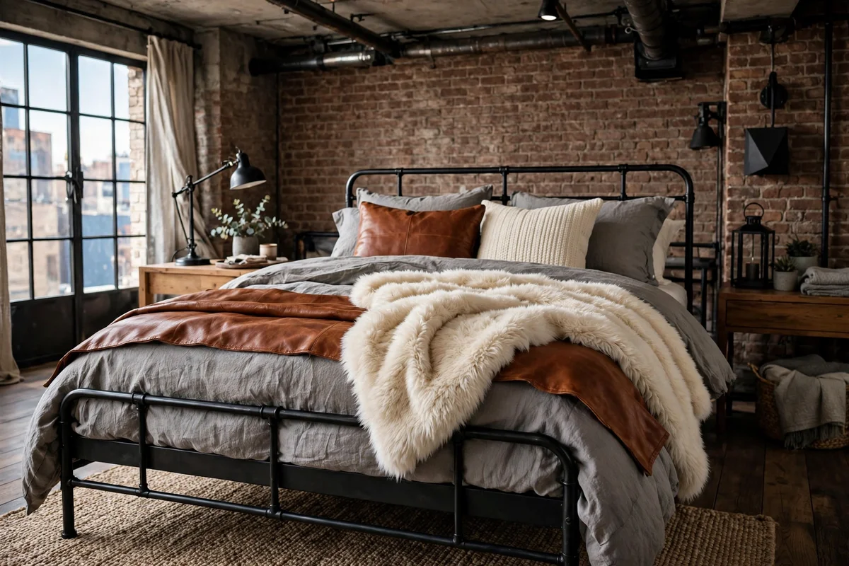 Faux fur throw layered over leather and linen bedding on an industrial bed