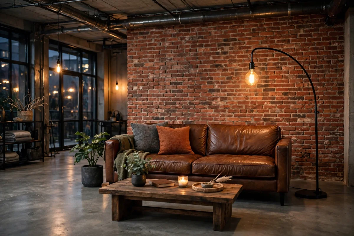 Industrial living room with exposed red brick accent wall behind a leather sofa