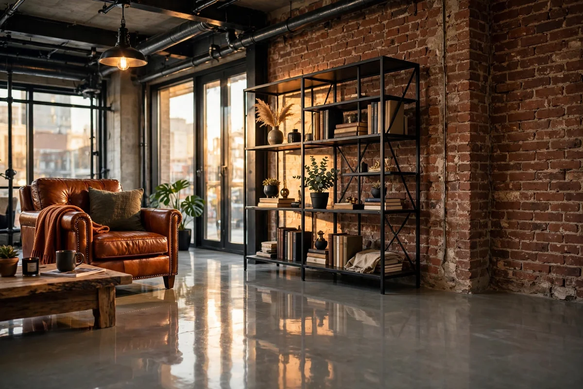 Industrial living room with polished concrete floors and black metal furniture