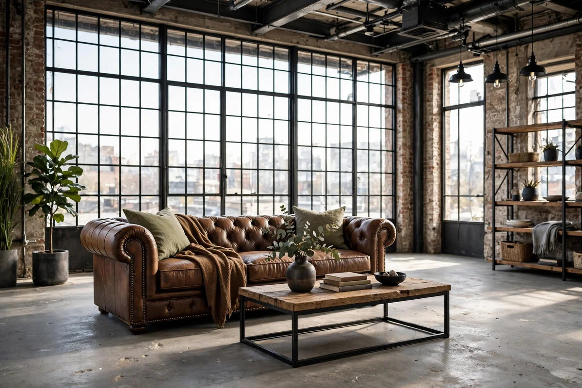 Industrial living room with black steel-framed grid windows and brick walls