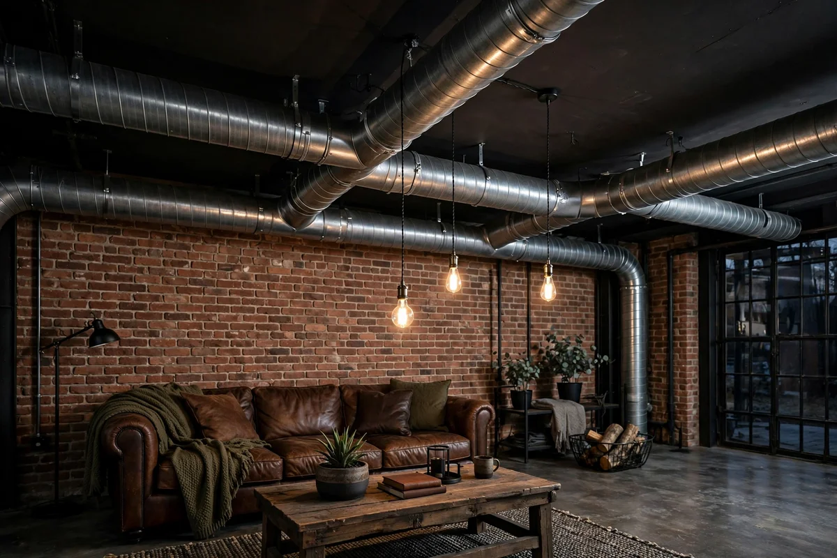 Industrial living room with exposed spiral ductwork on the ceiling