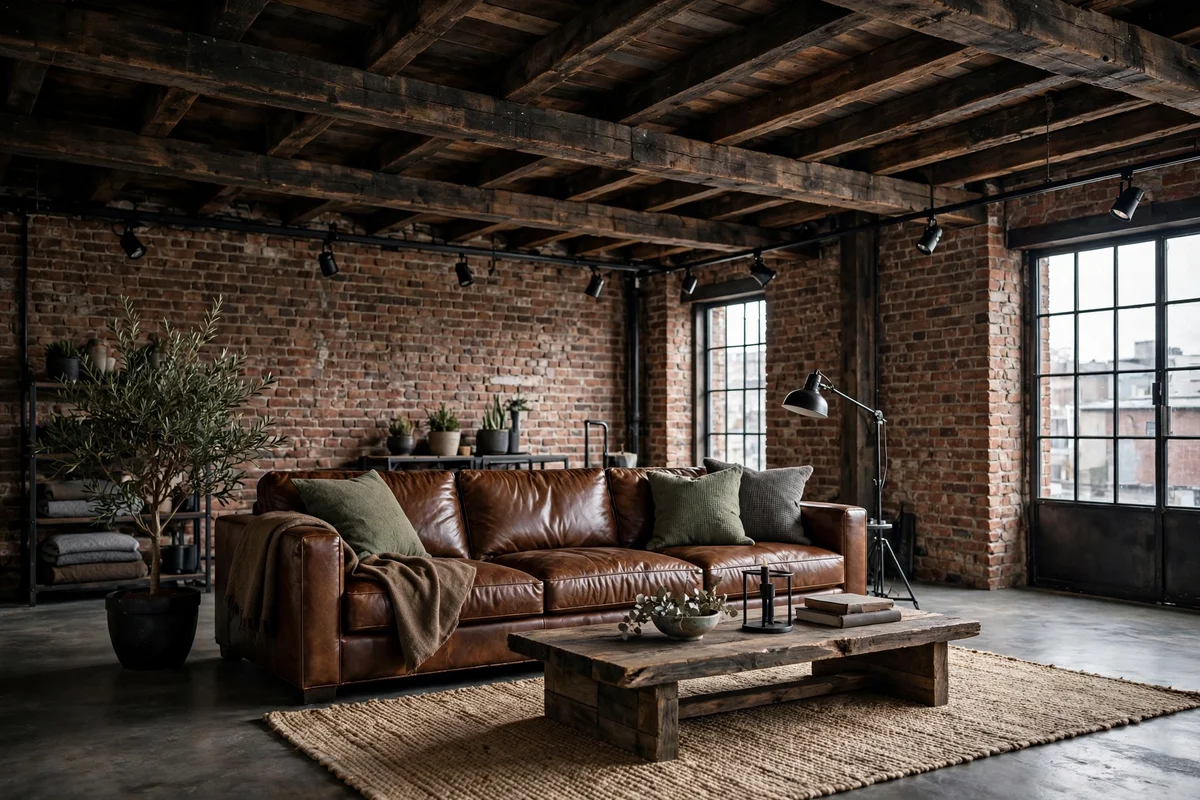 Industrial living room with reclaimed wood beams across a dark ceiling