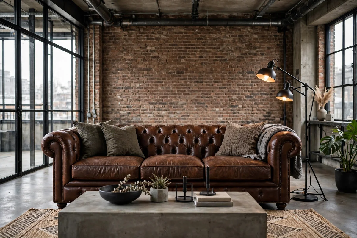 Industrial living room with a brown leather chesterfield sofa against brick wall