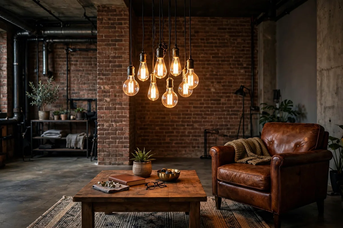 Industrial living room with hanging Edison bulb pendant lights over a coffee table