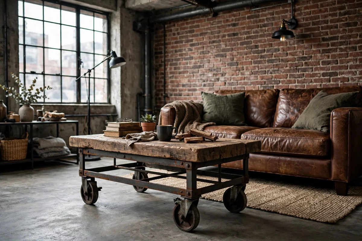 Industrial living room with a vintage factory cart coffee table on casters