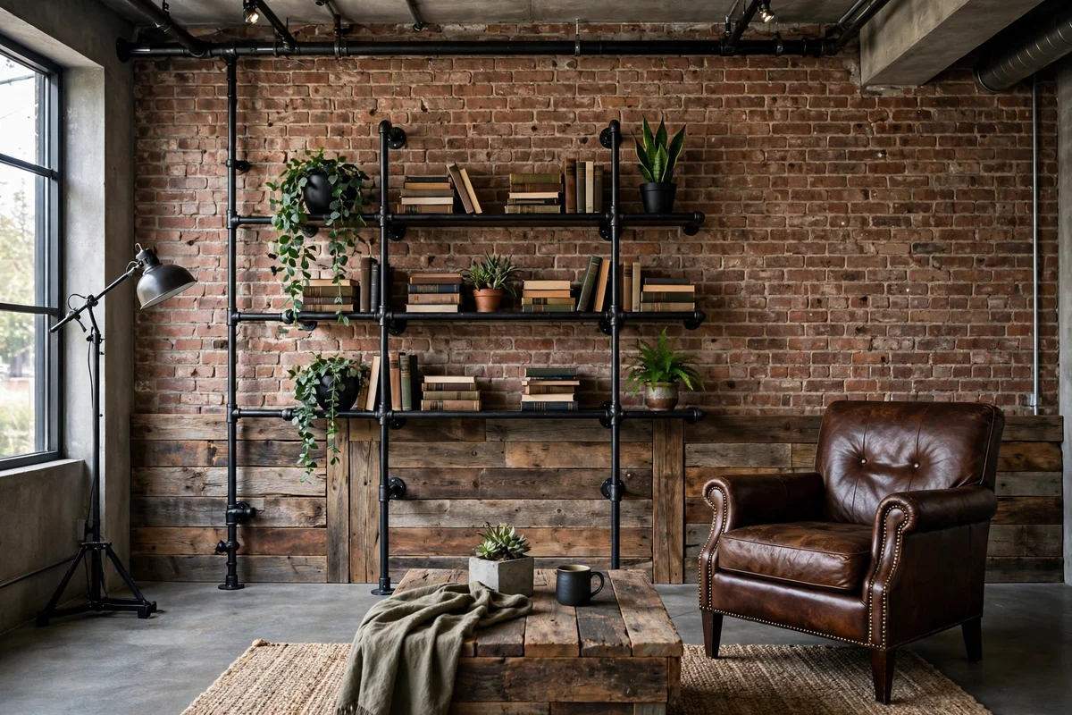 Industrial living room with black iron pipe shelves holding books and decor