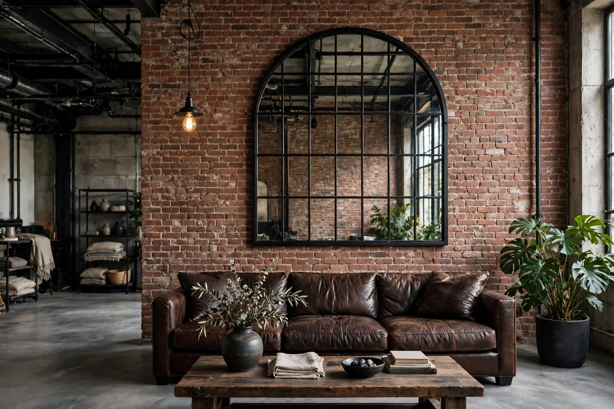 Industrial living room with a large arched factory window mirror on brick wall