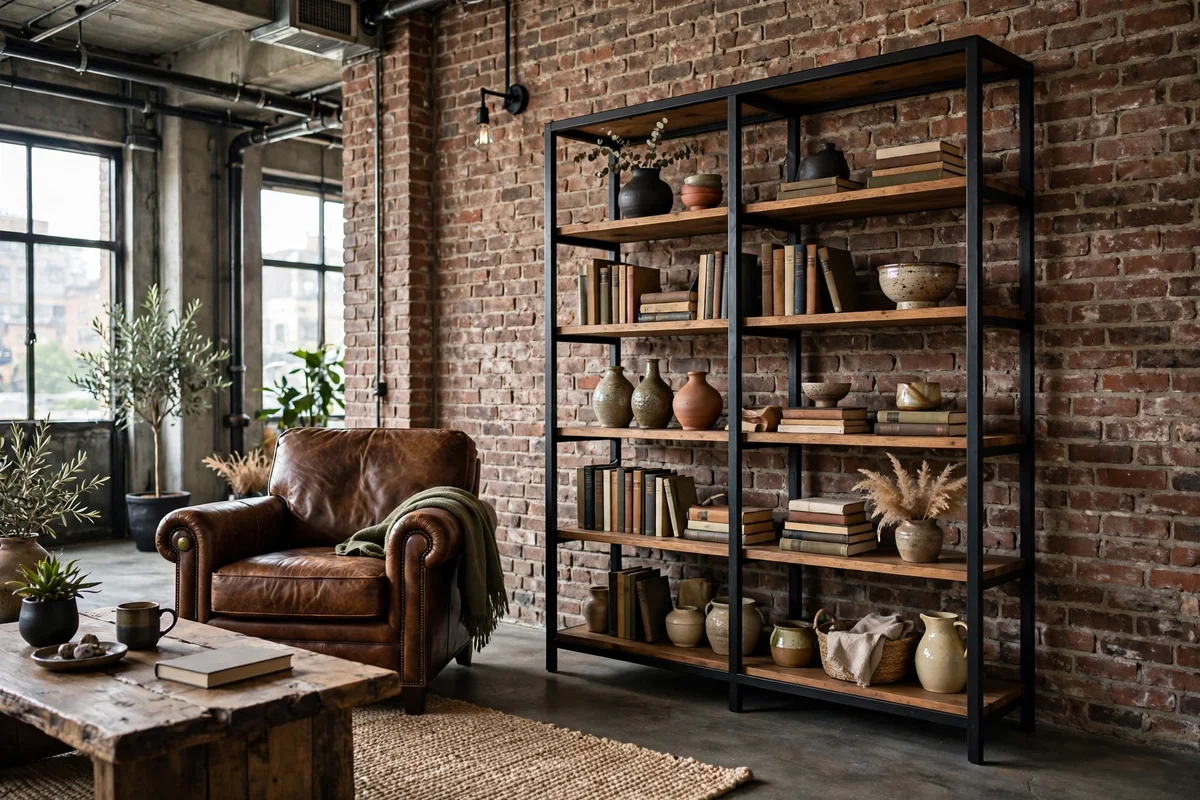 Industrial living room with a tall black metal open bookcase with wood shelves