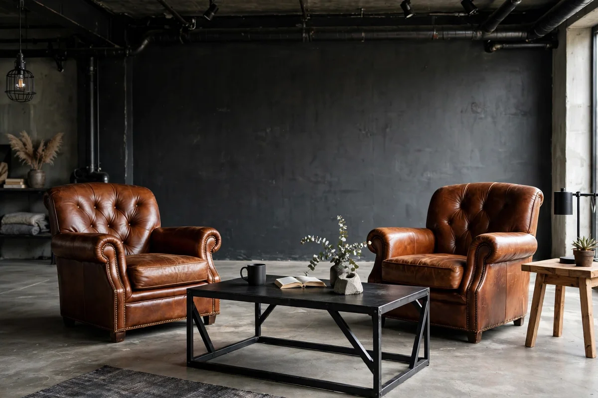Industrial living room with two cognac leather armchairs facing a steel coffee table