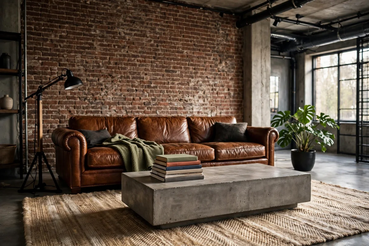 Industrial living room with a cast concrete coffee table on a wool rug