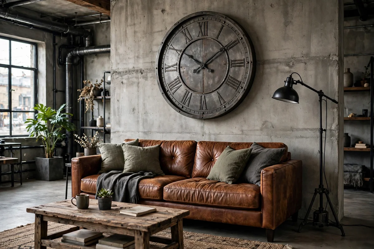 Industrial living room with a large metal station clock on a concrete wall