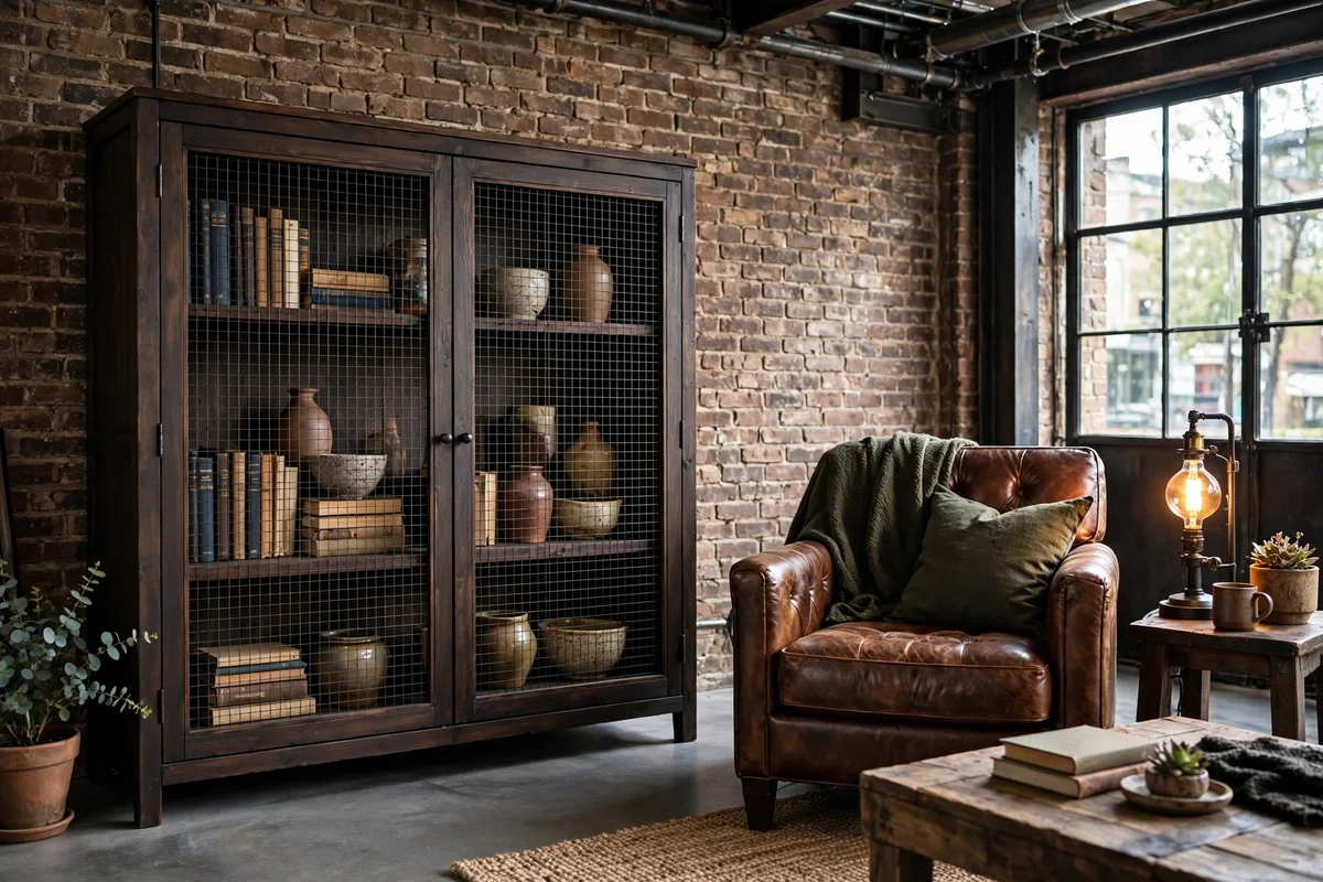 Industrial living room with a cabinet featuring wire mesh doors and wood frame