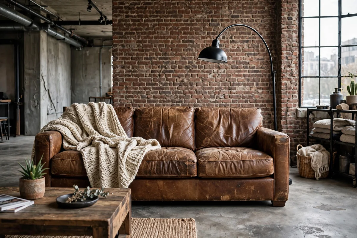 Industrial living room with a distressed brown leather sofa and metal floor lamp