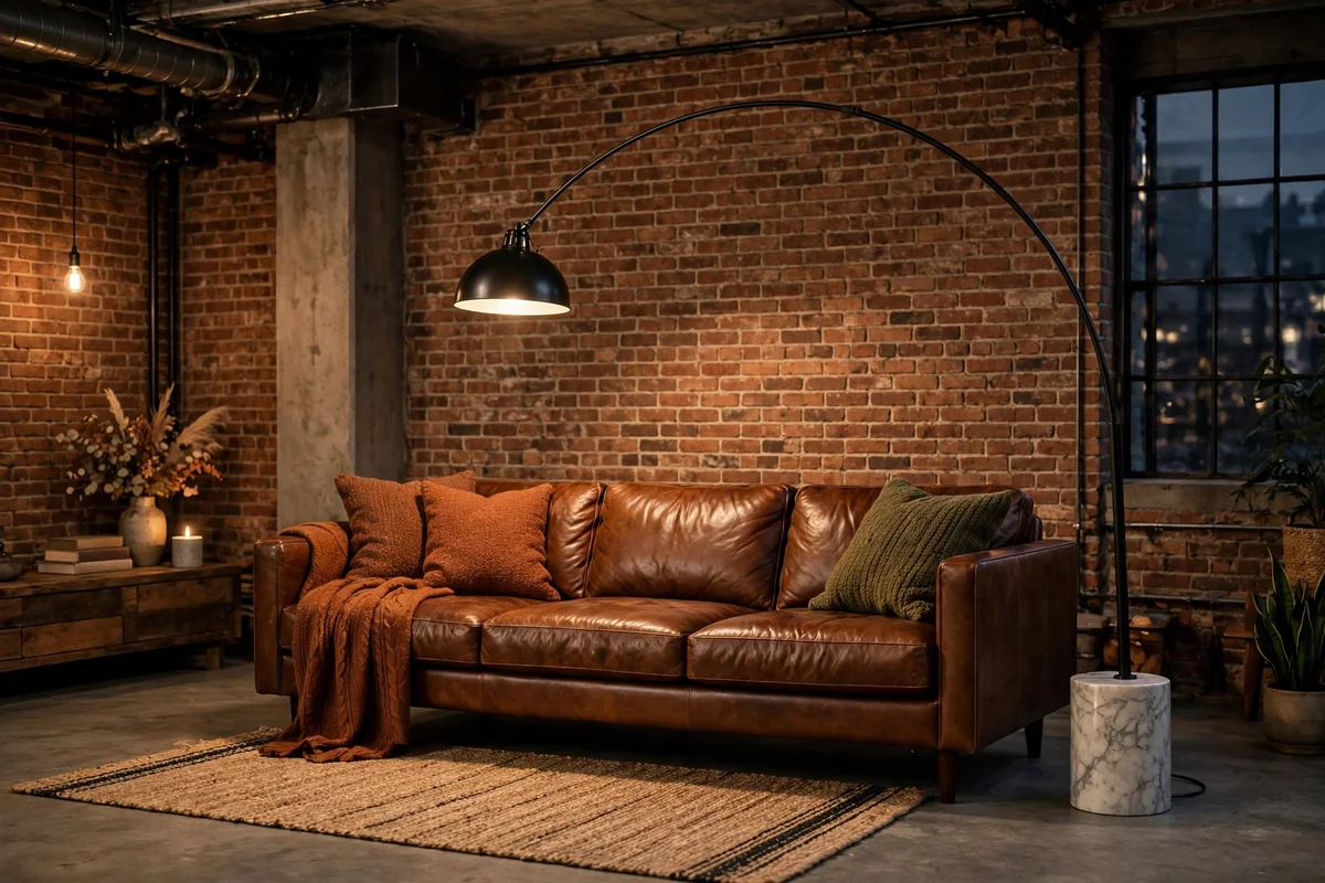 Industrial living room with a black metal arc floor lamp curving over a sofa