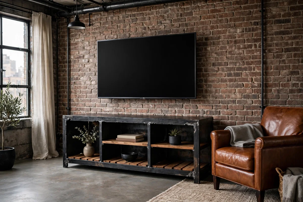 Industrial living room with a raw steel and wood media console under a wall-mounted TV