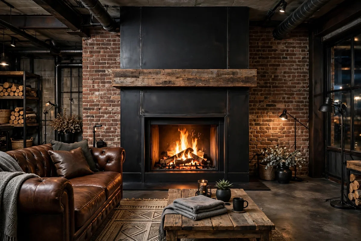 Industrial living room with a black metal fireplace surround and wood mantel