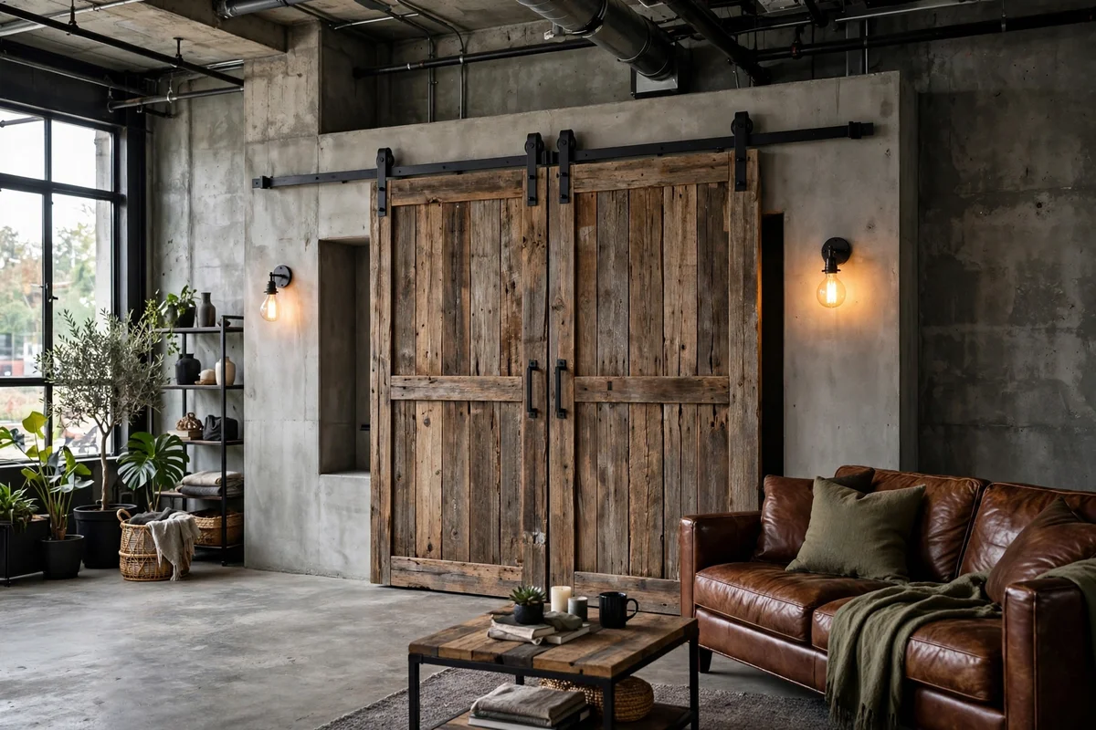 Industrial living room with sliding reclaimed wood barn doors on black metal rail