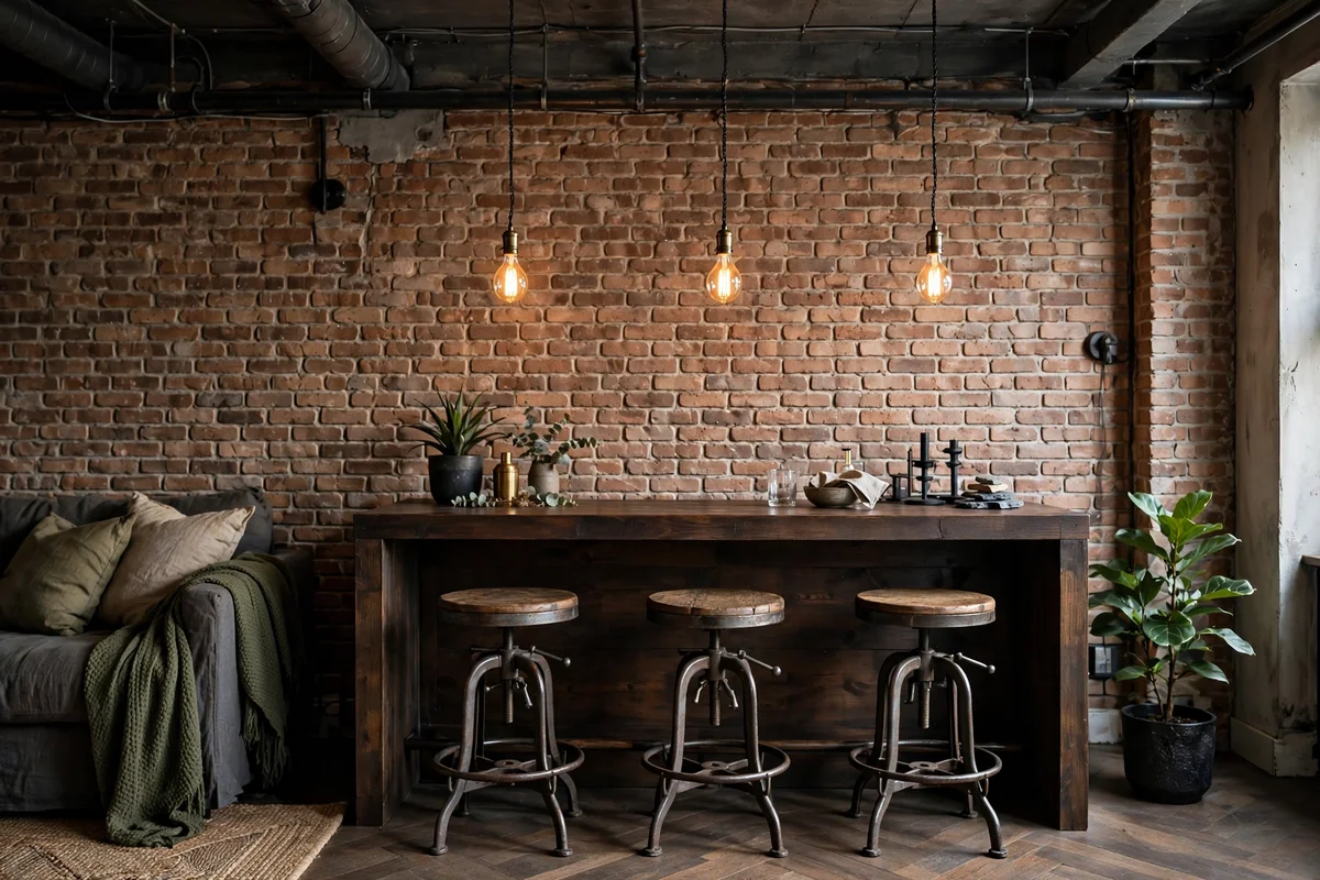Industrial living room bar area with vintage metal and wood bar stools