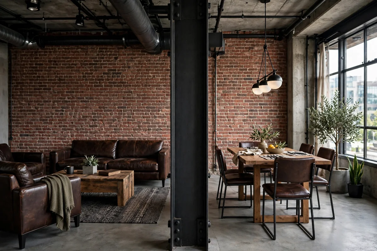 Industrial living room with an exposed black steel I-beam column beside leather seating