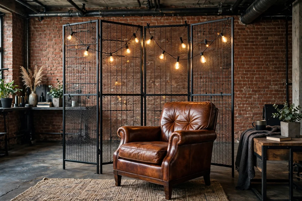 Industrial living room with a black metal mesh room divider screen