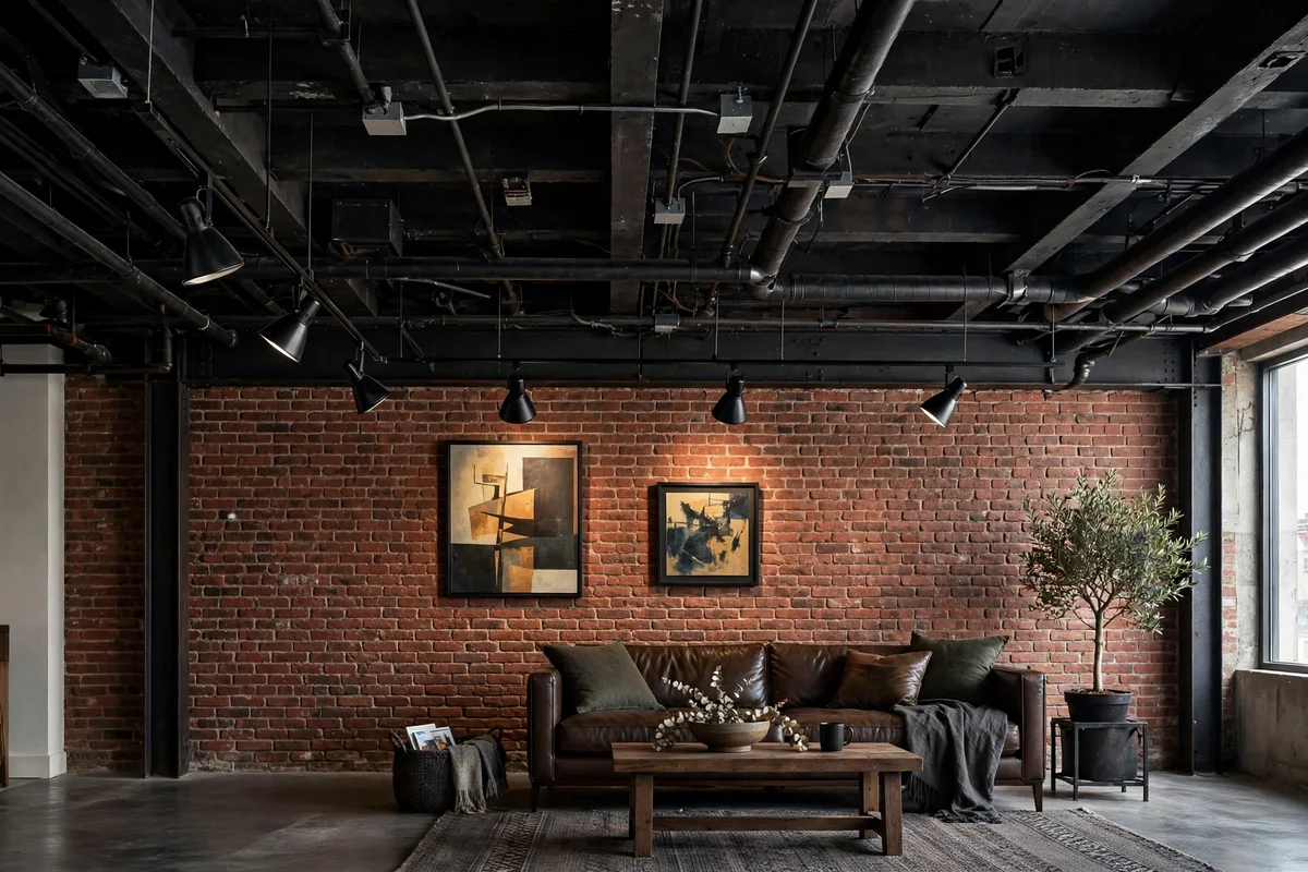 Industrial living room with black warehouse track lighting on the ceiling