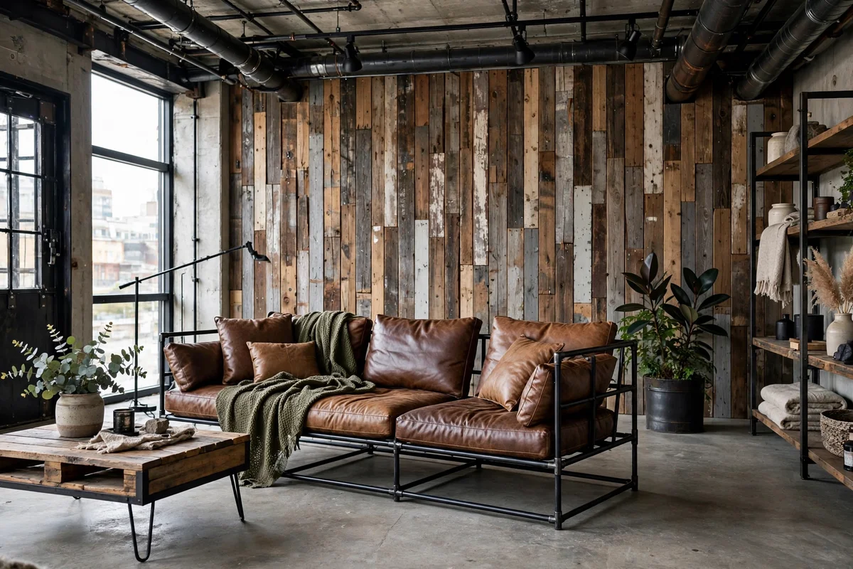 Industrial living room with a reclaimed pallet wood plank feature wall
