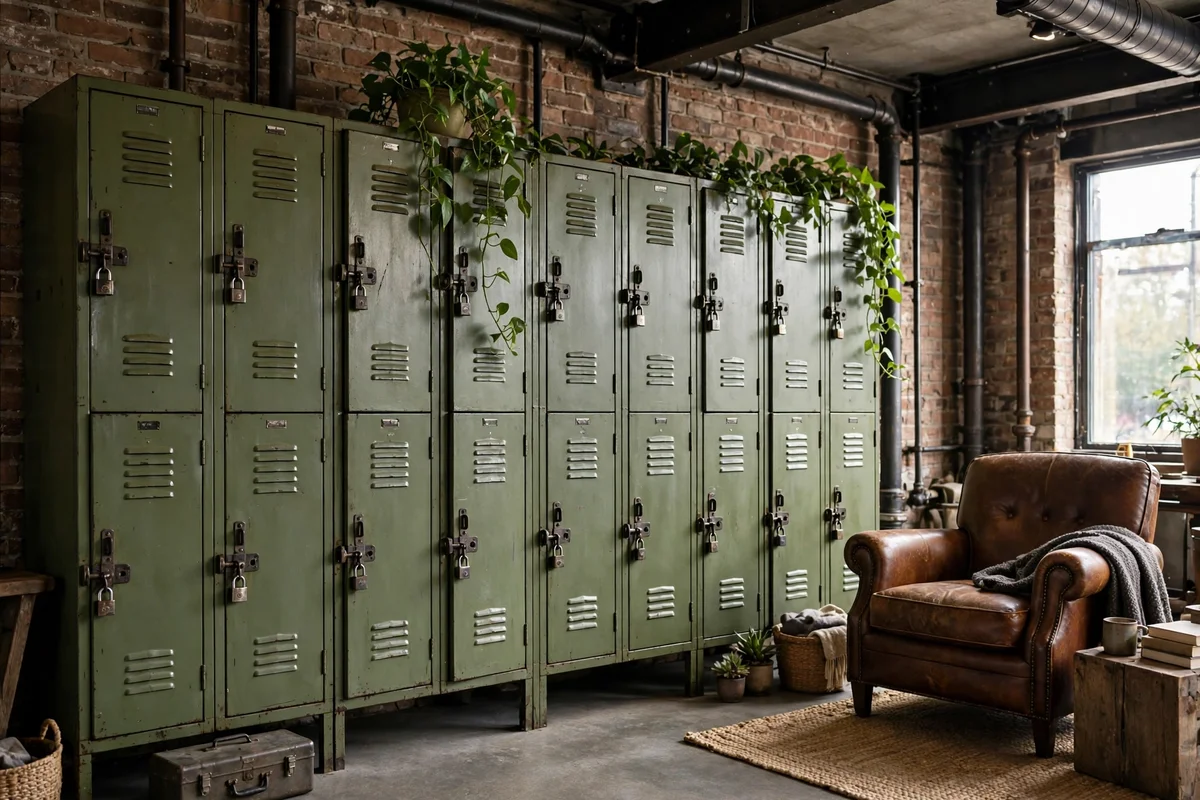 Industrial living room with vintage green metal lockers used as storage