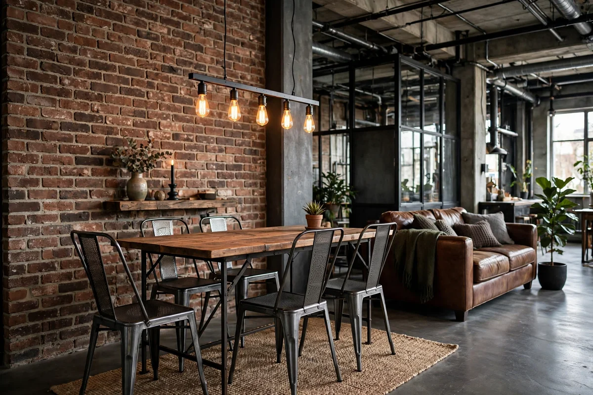 Industrial living room corner with an iron and wood dining table and chairs