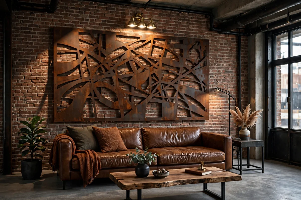 Industrial living room with large abstract metal wall art above a sofa
