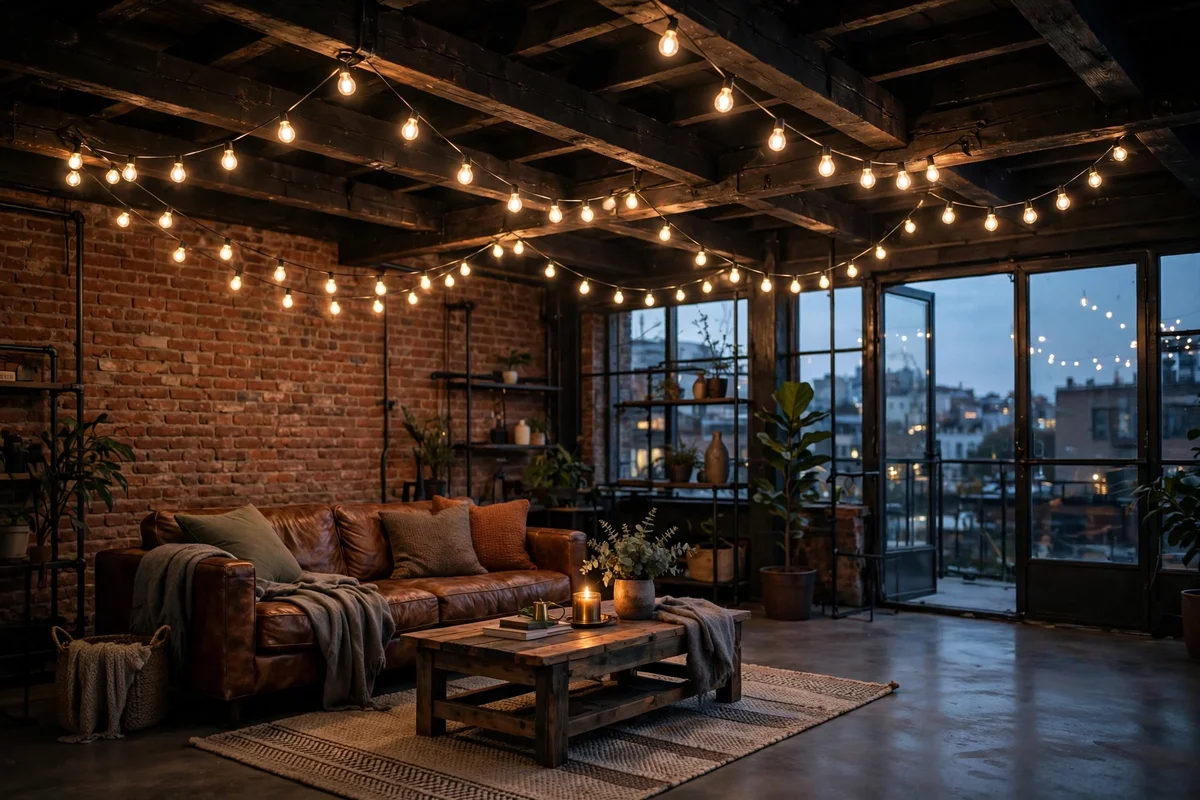 Industrial living room with warm Edison string lights draped across the ceiling
