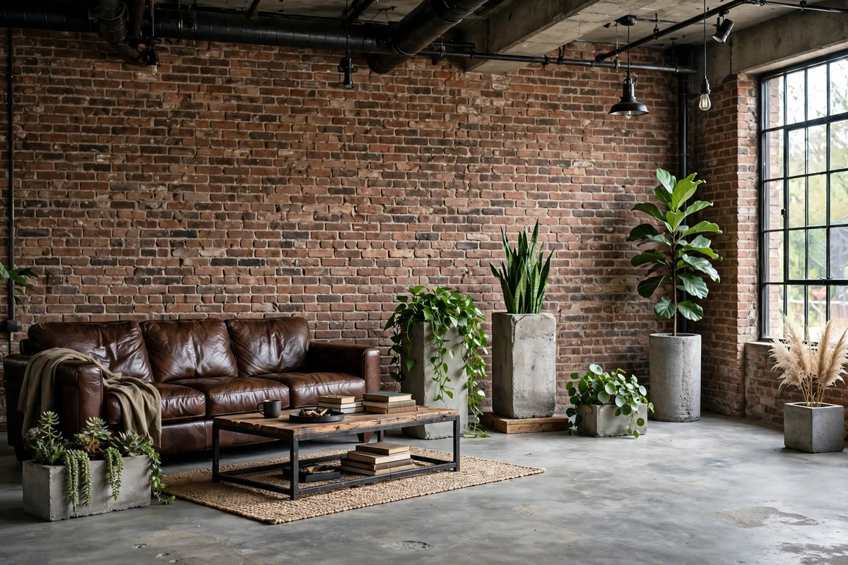 Industrial living room with concrete planters holding green plants beside a sofa