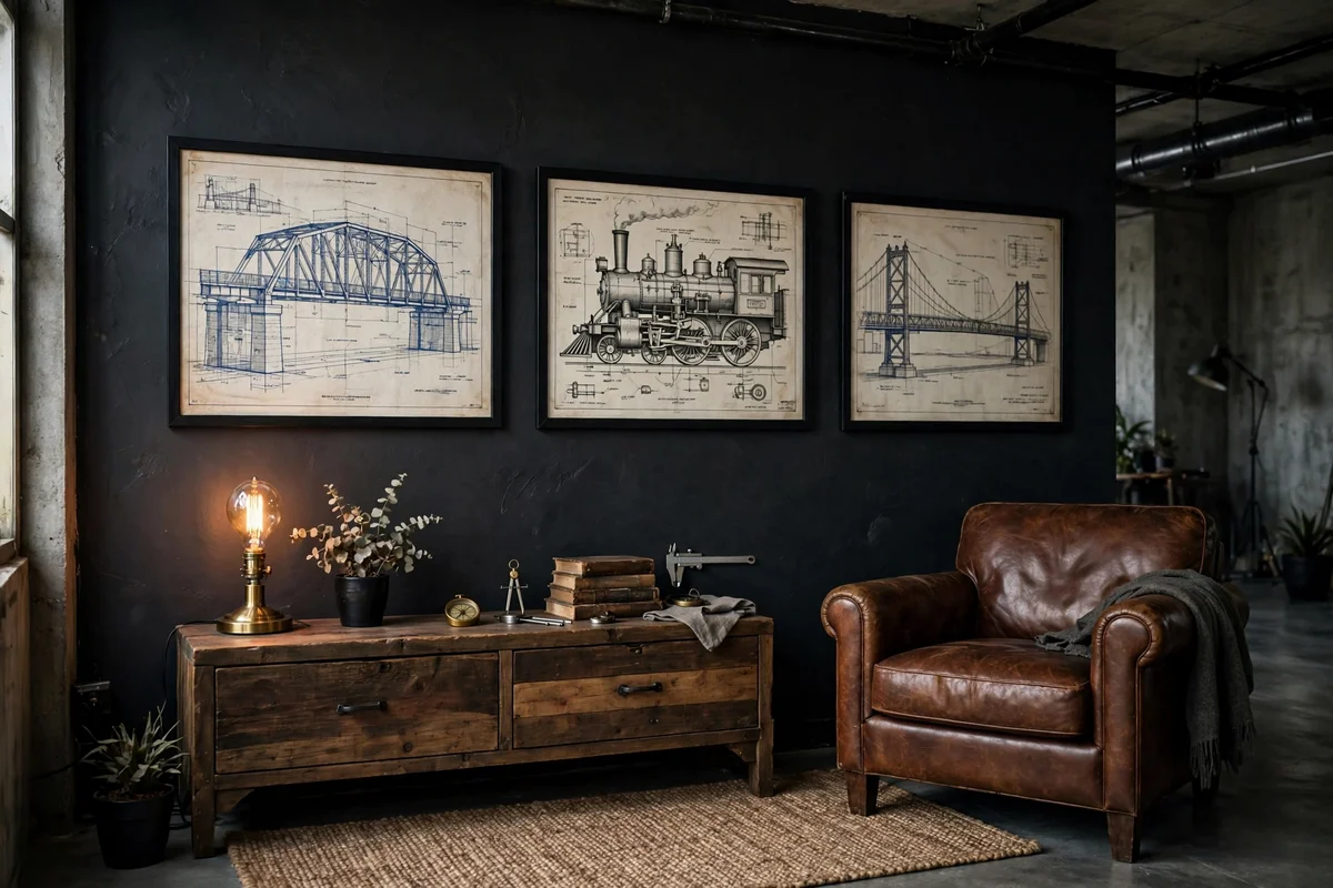 Industrial living room with framed vintage blueprint art on a dark wall