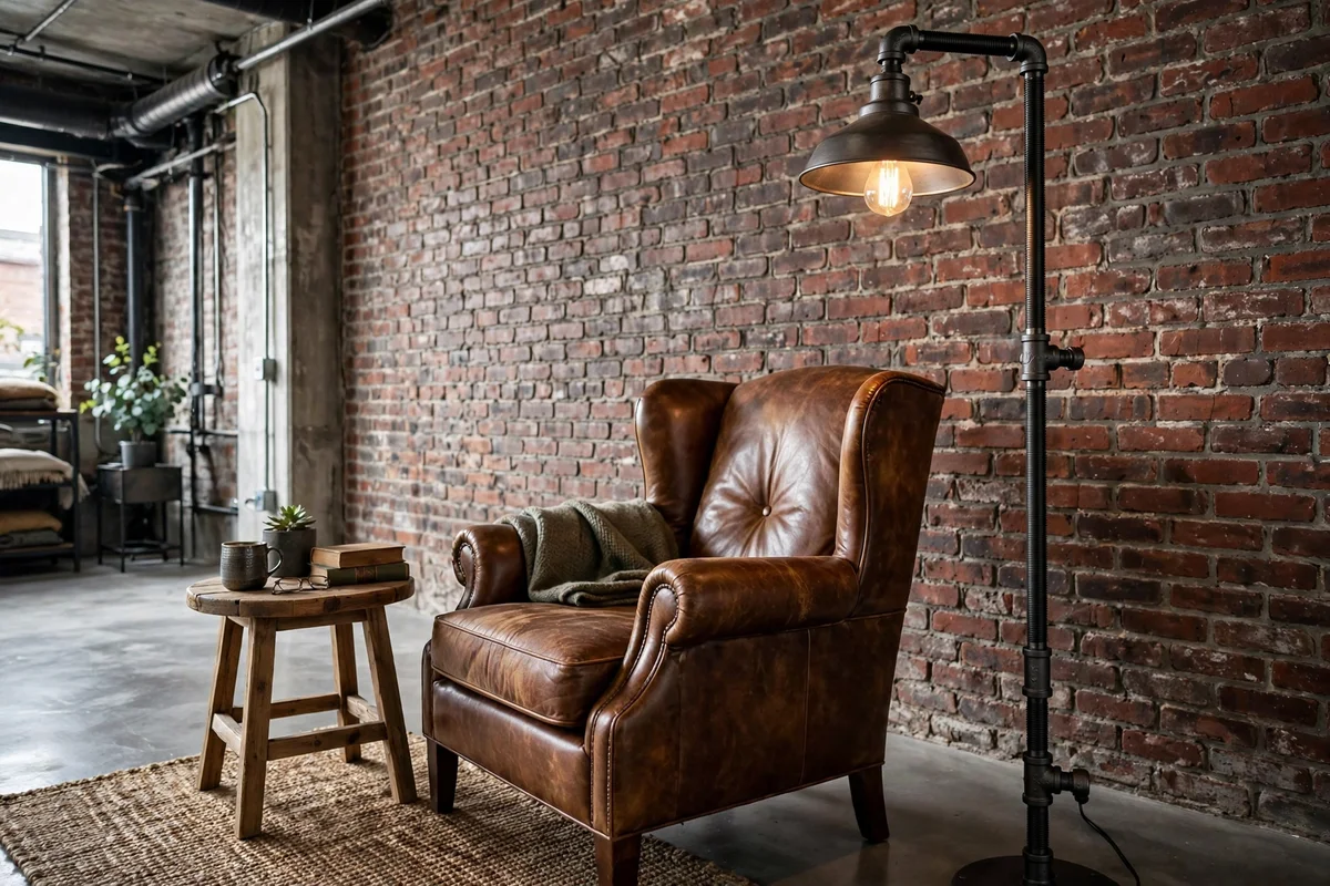 Industrial living room with a black iron pipe floor lamp beside an armchair