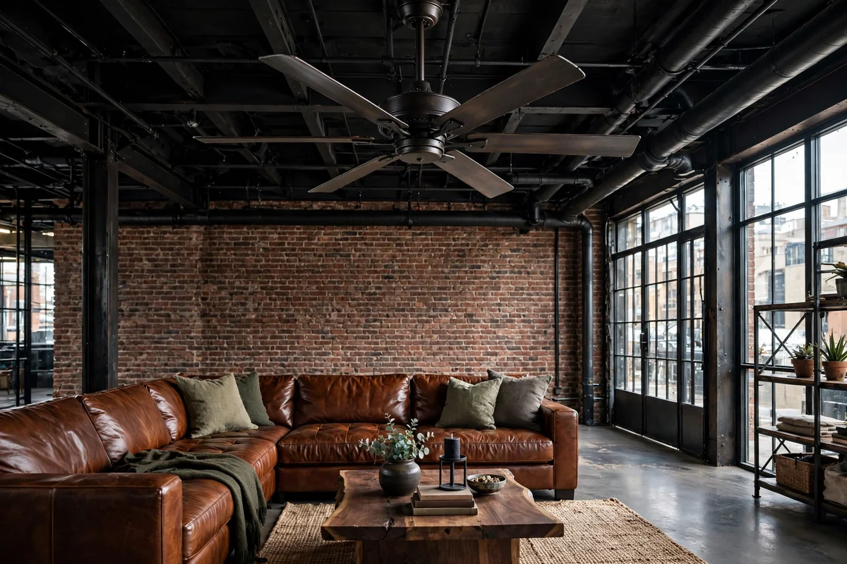 Industrial living room with a large factory-style metal ceiling fan